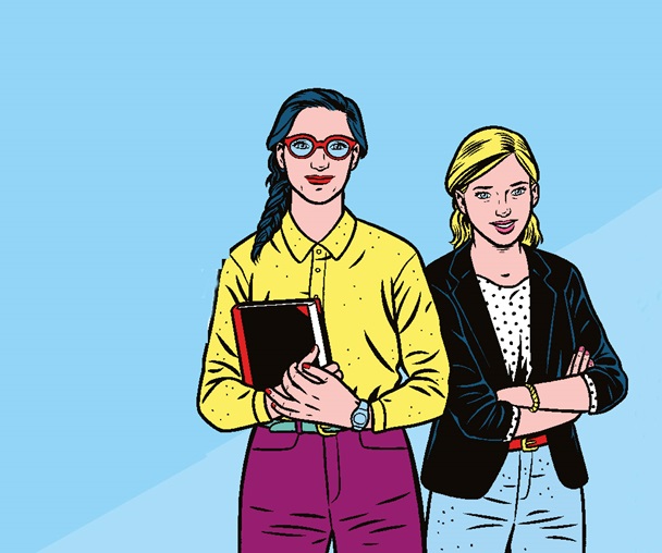 Illustrasjon til KLAR for arbeidslivet, to studenter med blå bakgrunn