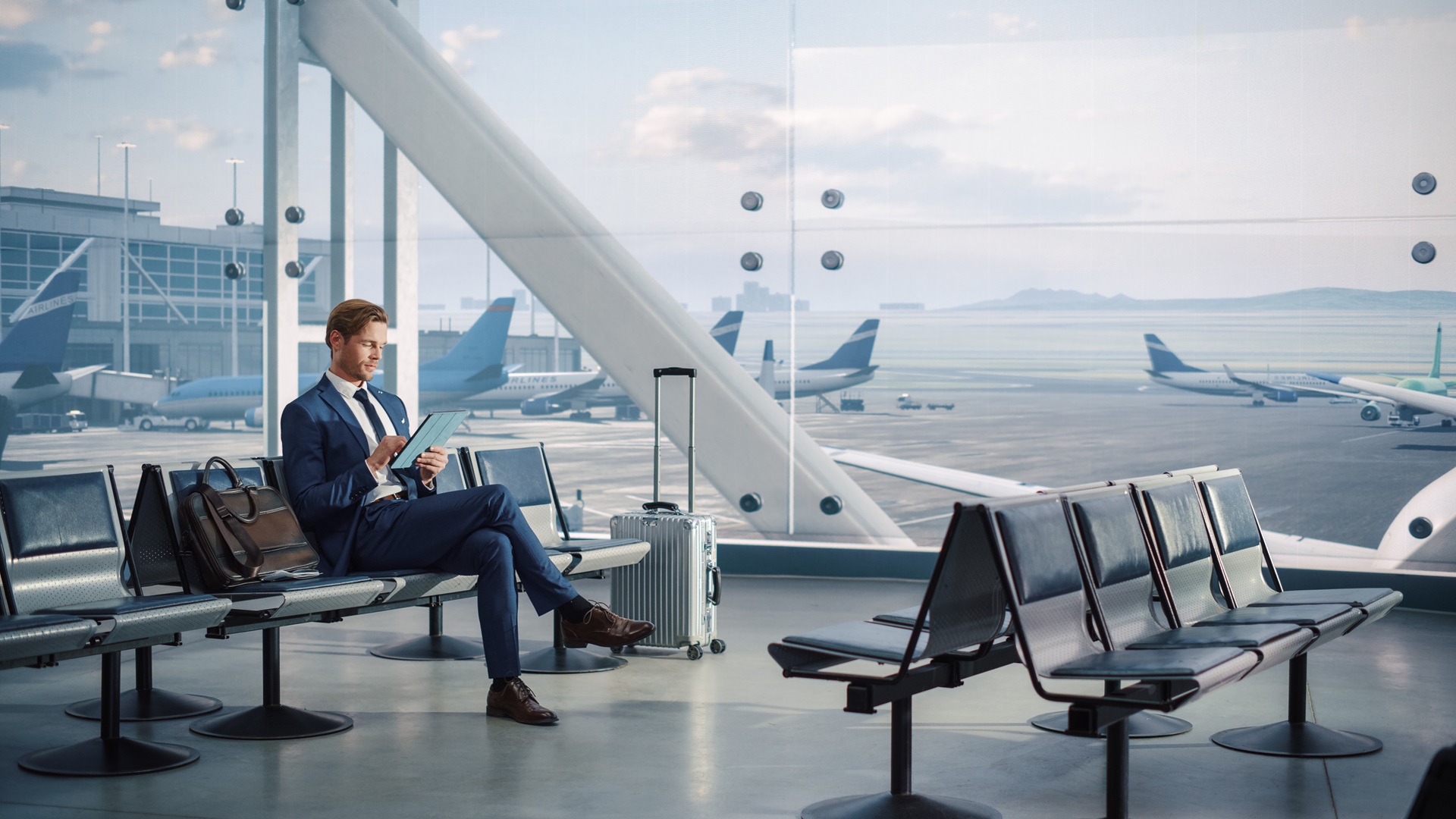 en forretningsmann i dress som sitter ved gaten ved en flyplass og arbeider på en digital tablet